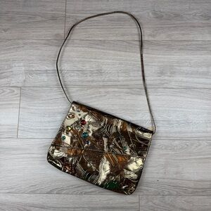 Vintage 80s Metallic Gold Shoulder Bag Or Clutch With Jewel Accents Party Disco